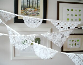 ECo Wedding Garland Decoration , Doily Bunting, Spring Wedding , Ecofriendly Banner , Handmade With Handcrocheted Vintage Doilies and Lace