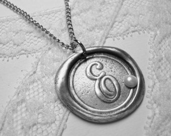 Wax Seal Stamp Necklace - Pendant with PEARL letter of your choice monogrammed initial a b c d e f g h i j k l m n o p q r s t u v w x y z