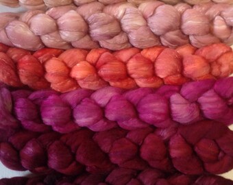 Hand Dyed gradient roving set 6ozs 19 micron merino and mulberry silk 70/30 ready to ship