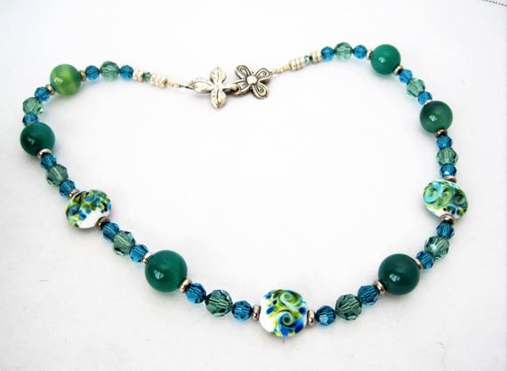 Art Glass Bead Choker, 925 Sterling Clasp, Vintage Painted Beads - Faceted Aqua Crystal Spacers