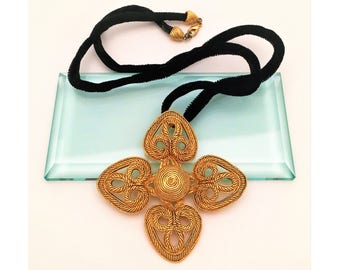 Vintage 1990's Signed Carol Dauplaise Necklace, Gold Cross Pendant on Black Velvet Necklace