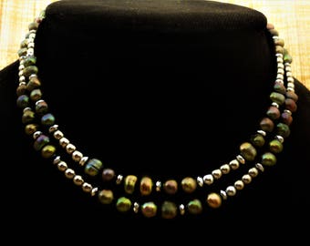 Green Pearl Necklace with Hematite. Pearl Jewelry. Silver Hematite Necklace. Dark Green Necklace. Grey Gray Necklace. Long Necklace. Greek