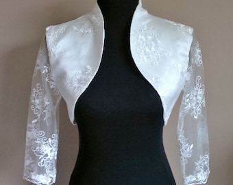 Lace & Satin Bolero 3/4 Sleeves / Shrug / Wedding Jacket / Wrap Fully Lined - UK 4-26 - Colours available : Ivory, White