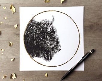 Bison hunter's moon october - Print of an Original Graphite Drawing with Gold Leaf - Animal Portrait Bison Print