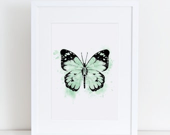 Butterfly, mint, watercolor, A4, 8.5x11, mint watercolour, butterfly print, butterfly wall art, butterfly art, modern art, painted butterfly