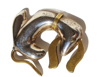 Vintage Taxco Dog Brooch Mixed Metals Sterling & Brass Pin