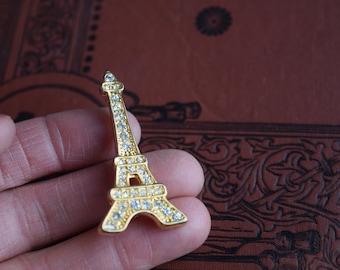 Vintage Eiffel Tower Rhinestone Pin, Francophile jeweled Brooch, Paris Landmark jewelry gift for her