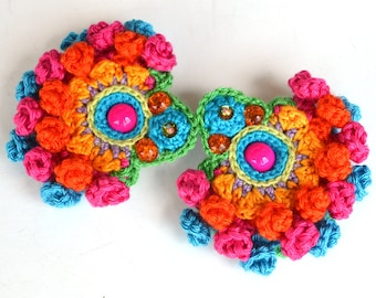 pom pom earrings, large earrings, colorful mexican earrings, ethnic jewellery, hippie earrings, bold statement earrings,crochet earrings