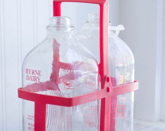 Vintage Glass Milk Bottles Jugs from Byrne Dairy, 1960s 60s Milk Delivery Carrier, Pennsylvania Agriculture