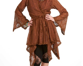 DRYAD FAE JACKET, brown lace boho wrap jacket, hippie hippy earth mama top xl, plus size pagan jacket top, faery elemental woodland wrap top