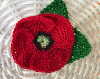 Crochet Red Poppy Flower Brooch Red Poppy Pin Veterans Day Poppy Brooch Remembrance Day Poppy Cotton Brooch 2nd anniversary gift Hairpiece