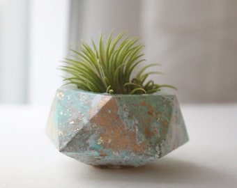 Geometric marbled teal cement planter - concrete, air plant holder, pot, planter