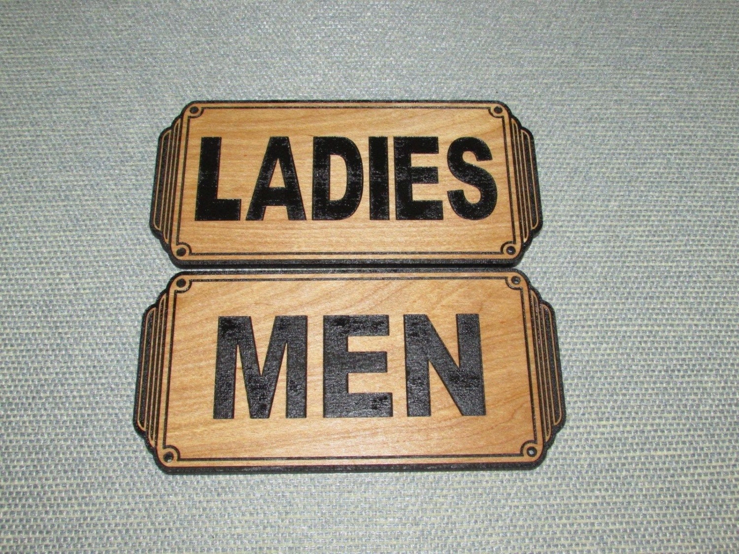 art deco style wood men ladies restroom signs set