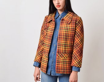 1960s Plaid Wool Jacket in Autumnal Check 60s Vintage Boxy Car Coat Mod XS S M