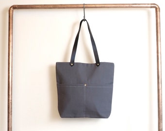 Grey canvas Averena tote book bag, leather handles, weekend weekender shoulder tote, de almeida designs