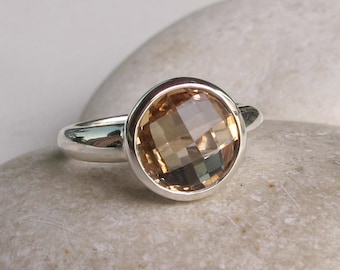 Champagne Citrine Ring- Stack Minimalist Yellow Ring- November Birthstone Ring- Round Gemstone Ring- Simple Sterling Silver Ring