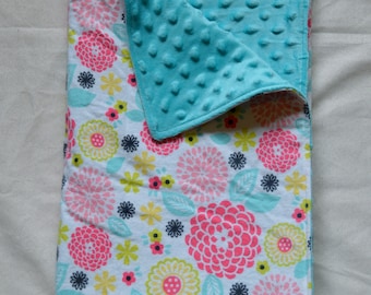 Minky Baby Blanket - Pink and Turquoise Floral Flannel / Turquoise Minky