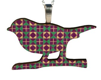 Wooden bird necklace with chain- diamonds