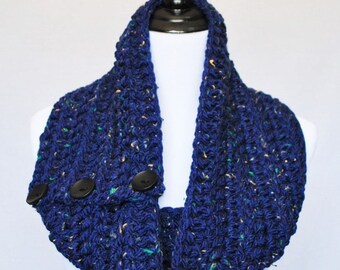 SALE! Blue Tweed Button Cowl, Crochet Neck Warmer, Chunky Button Infinity Scarf, Navy Blue Button Scarf, Wrap Scarf