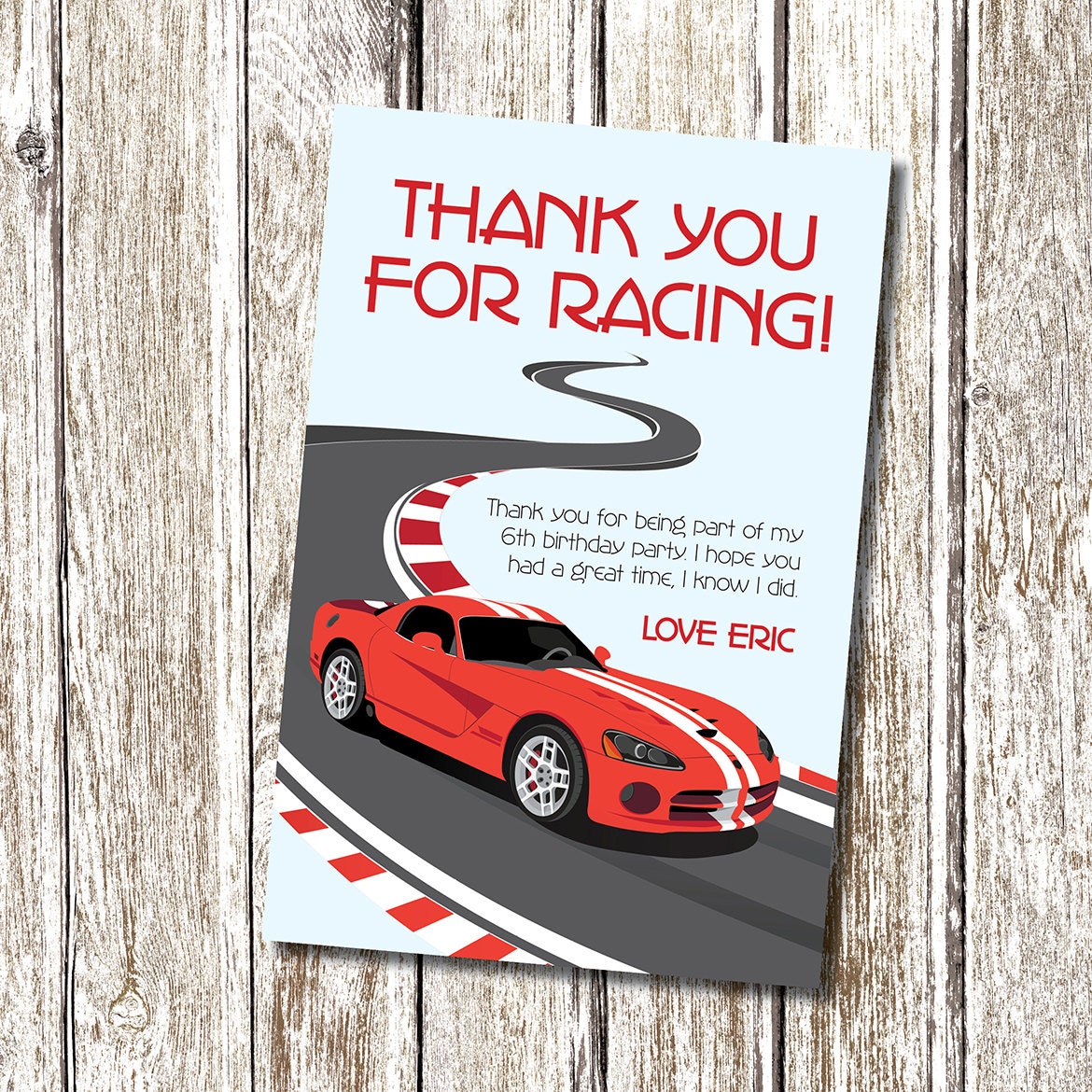 Red Racing Car Thank you Card Printable and Personalised