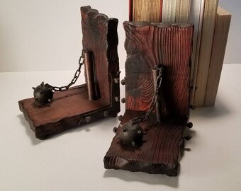Vintage Iron and Wood Medieval Weapon Bookends Flail/ Mace