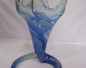 Vintage Blue Swirled Murano Vase With Coiled Base