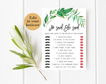 He Said She said Editable Greenery Bridal Shower Game Bridal Shower Printables Bridal Shower Printable Wedding Games Bride or Groom game