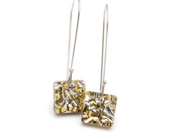 Gold and Silver Glitter Square Drop Earrings - Statement Dangle Earrings - Laser Cut Acrylic Drop Earrings - Glitter Drop Earrings
