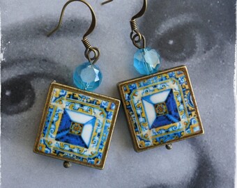 Earrings Tile Portugal Azulejo Arab Gold Blue Antique 17th Century Tomar - Santa Iria Church Diamond Point - Gift Boxed 971