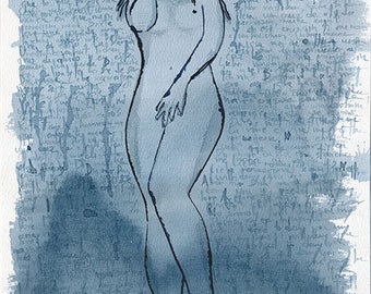 RESERVED - Trembling inside her fragile mask - original pen and ink drawing. Thoughtful art by Ina Mar