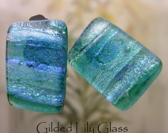 Emerald Dichroic Glass Clip Earrings, Handmade Fused Glass Jewelry from North Carolina