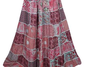 Pink Vintage Patchwork Long Skirt Indian Inspired Ethnic Printed A-Line Maxi Skirts