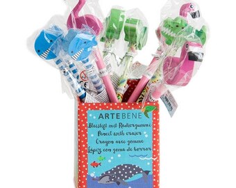 Kids Pencils Set with 3 pencils Fish Crocodile and Flamingo eraser set, Ideal gift for children who love to draw, Grandchildren's gift