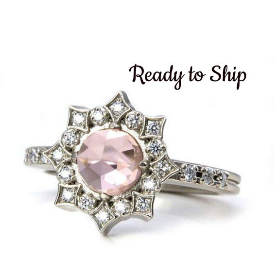 Ready to Ship Size 6-8 Lab Morganite Diamond Mandala Engagement Ring - Bohemian Engagement 14k Palladium White Gold