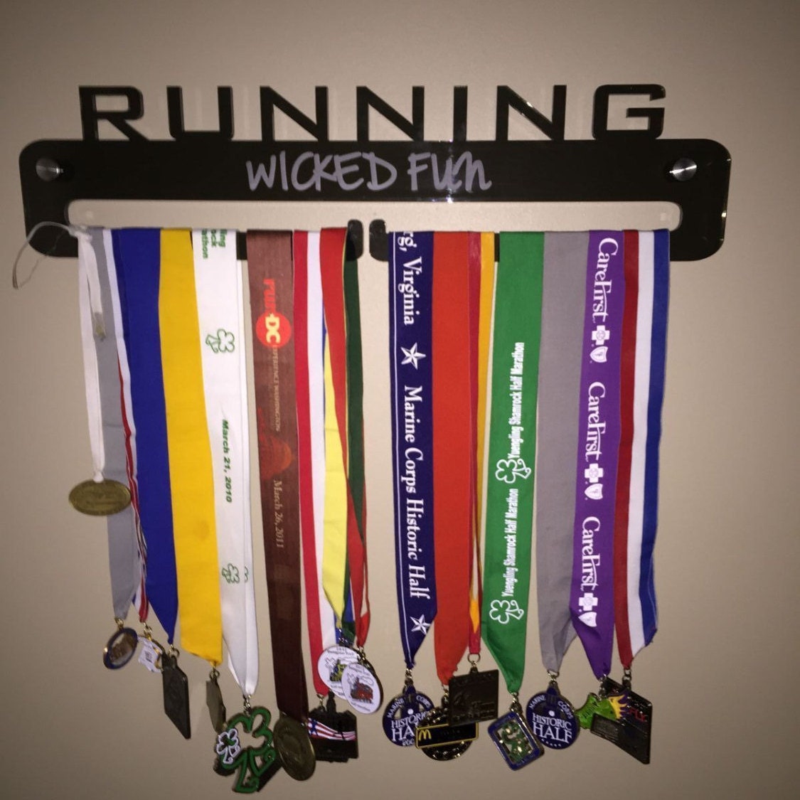 Running Medal Holder with Custom Engraving Grey Acrylic