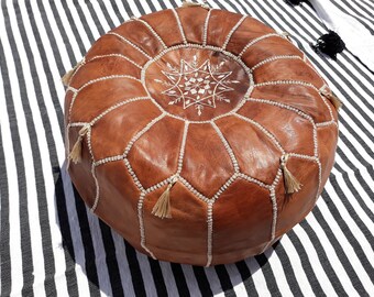 Handmade Moroccan Pouf with Small Tassels, Genuine Leather Ottoman, Natural Tan Color (Unstuffed)