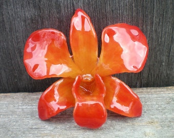 Free Shipping REAL Natural Vibrant Red Orange ORCHID in Poly Resin Pin and Pendant