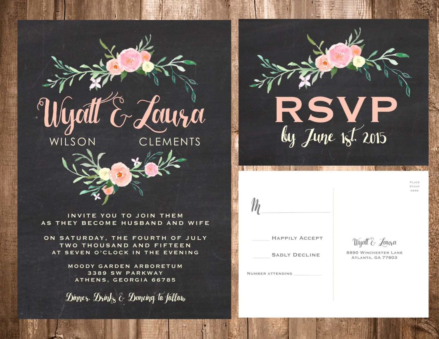 Chalkboard Watercolor Wildflowers Wedding Invitation Set