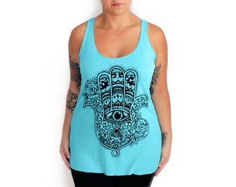 Small -Tri-Blend Light Blue Racerback Tank with Hamsa Screen Print