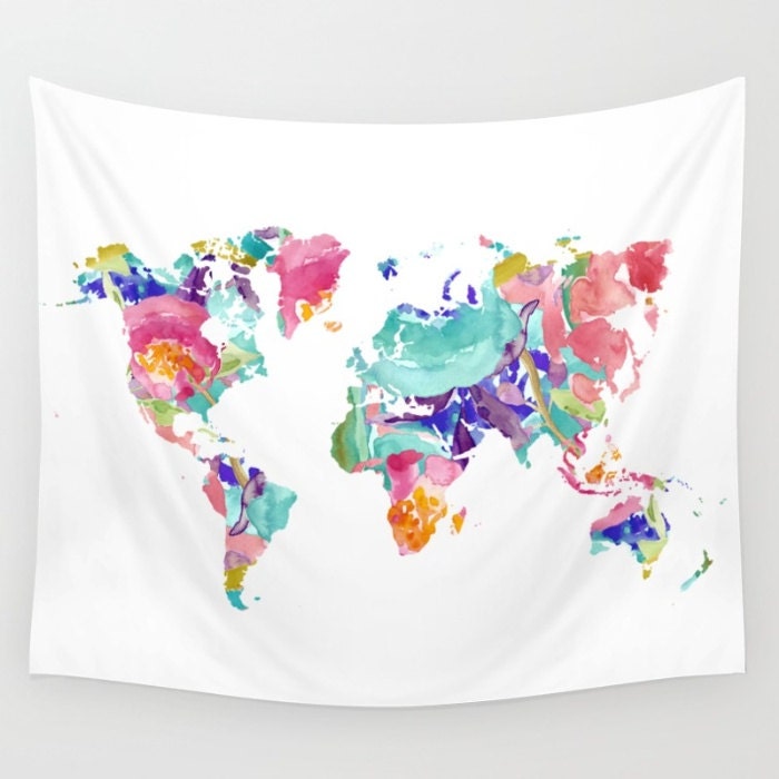 World Map Wall Tapestry Colourful Floral Modern Map Wall