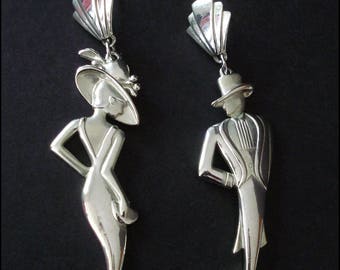 JJ Art Deco Style Man Woman Couple Pierced Earrings by Jonette - Costume Jewelry