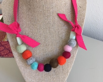 Wool Felt Ball Necklace*Multi Colored* Adjustable