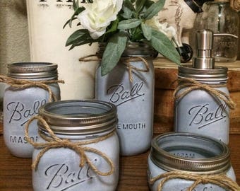 Rustic Farmhouse Style Chalk Painted Mason Jar Bathroom Set-mason jar storage-bathroom storage-bathroom decor-Mason jar bath set-rustic bath