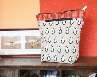 knitting project bag / large cosmetic pouch / penguin zipper pouch / toiletry women / organizer