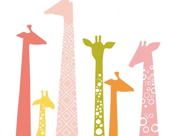 11X14" giraffe silhouettes giclée print on fine art paper. pink, orange, green, yellow