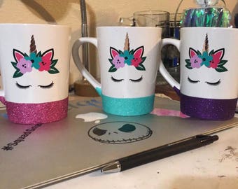 Glitter dipped coffee cup with decal