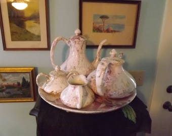 Sascha Brastoff Surf Ballet Coffee Set 1950s Pink and Gold White