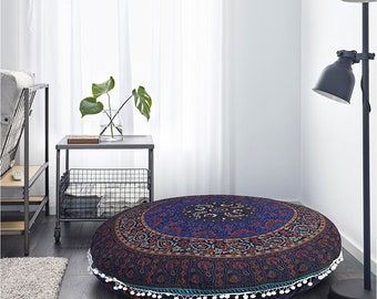 Indian Mandala Floor Cushion Pouffe Pet Bed Ottoman Pouf Cover Floor Bed Round 32inch Bohemian Tapestry Cushion Cover Elephant Yoga mat blue