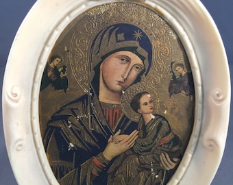Vintage Russian Icon Framed Picture Of Madonna And Child