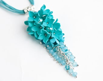 Turquoise necklace Floral necklace Pendant Flower necklace Flowers pendant Turquoise pendant Polymer clay jewelry Jewelry for women